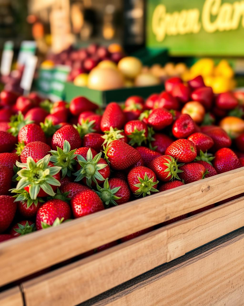 Wooden crate of fresh strawberries