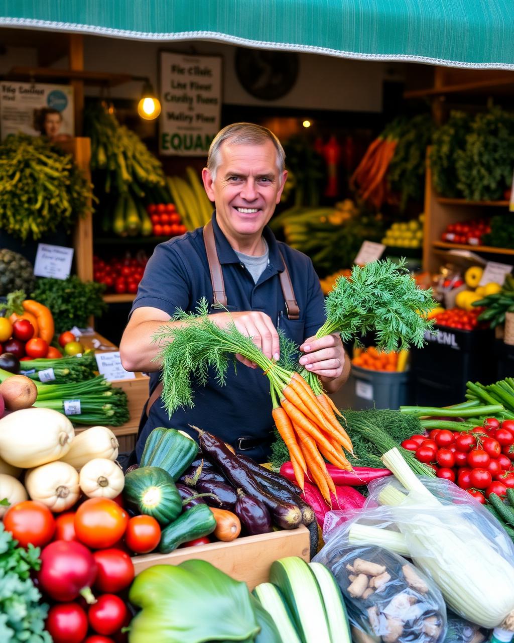 Grocer at Fruitland holding fresh carrots
